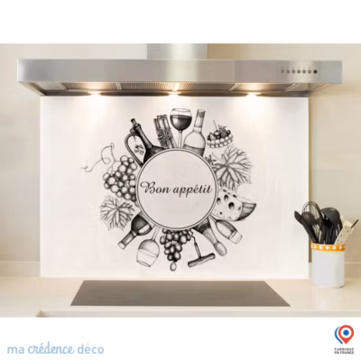 Crédence cuisine fond de hotte Bouteilles et raisins fond blanc – Verre trempé – L 90 cm x H 50 cm – MaCrédenceDéco