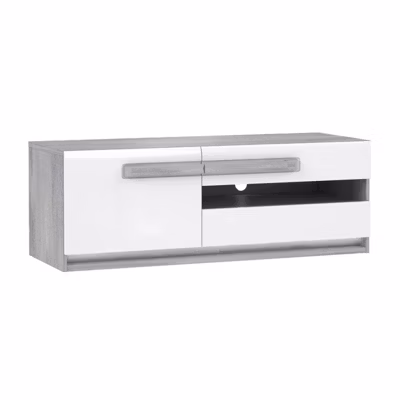 Meuble TV 160 cm 1 porte 2 tiroirs blanc et décor bois gris – ALEXIANE