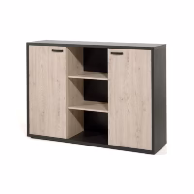 Buffet bas de rangement pour bureau 2 portes et étagères coloris chene clair et noir