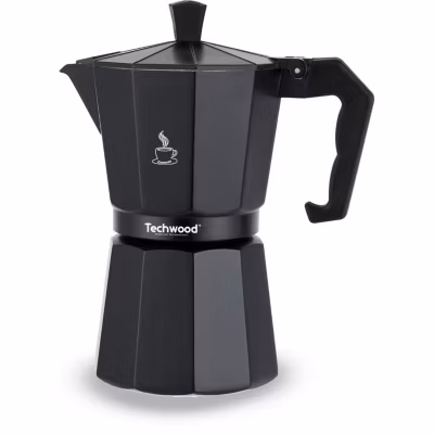 Cafetière Moka Traditionnelle en Aluminium  – Techwood TCA-012 – 12 Tasses – Utilisable sur tous types de feux – Coloris Noir