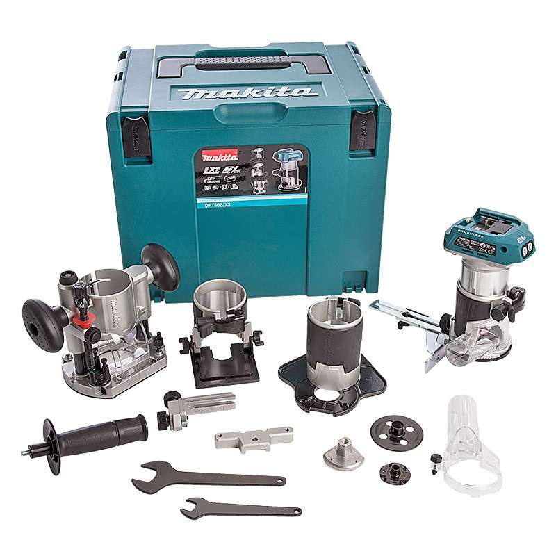 Affleureuse MAKITA DRT50ZJX3 – 18V – Ø 8mm avec kit d'accessoires