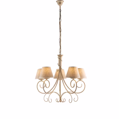 Lustre Vienna fer ivoire, décor or antique, abat-jour jute d.13, 5 lumières d.60 cm, charme vintage intemporel