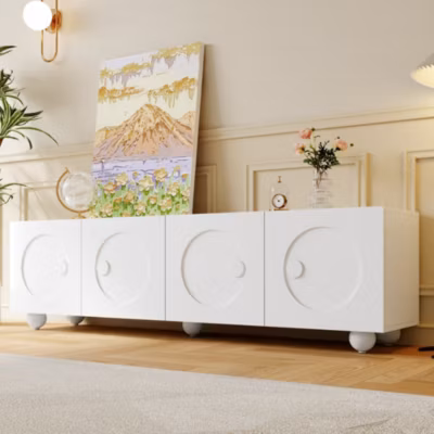 Meuble TV avec Portes à Relief 3D et Rangements Multiples, Design Minimaliste, MDF et Panneaux de Particules – 180x38x50 cm Blanc