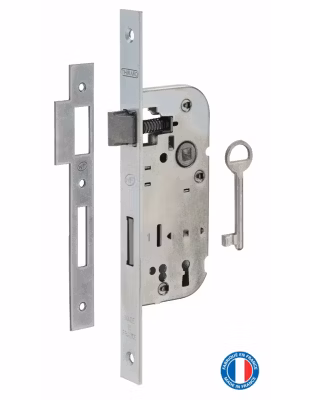 Serrure encastrable NF à clé pour porte de chambre, axe 40mm, bouts carrés, zingué, 1 clé – THIRARD