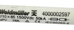 Weidmüller 4000002597 FUSE WSFL 10X85 15A 1K5V GPV Micro-fusible 15 A 1500 V/DC Contenu 50 pc(s)