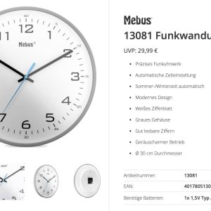 Horloge radiopilotée Mebus 13081 radiopiloté(e) 30 cm gris mécanisme d&rsquo;horloge silencieux