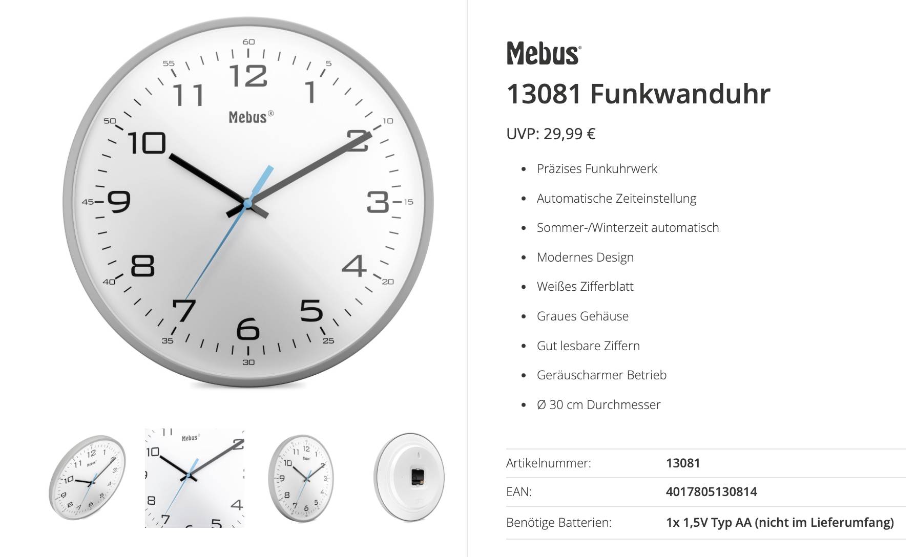 Horloge radiopilotée Mebus 13081 radiopiloté(e) 30 cm gris mécanisme d'horloge silencieux