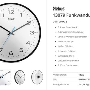 Horloge radiopilotée Mebus 13079 radiopiloté(e) 30 cm noir mécanisme d&rsquo;horloge silencieux