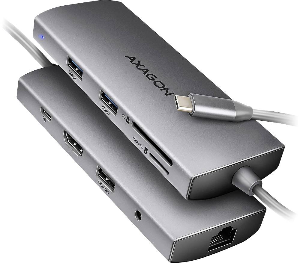 AXAGON HMC-8HLSA Hub USB 8 ports USB-C® (avec Power Delivery), USB 3.1 (Gen 1), audio 2.0 (jack 3,5 mm), SD, USB 2.0 USB