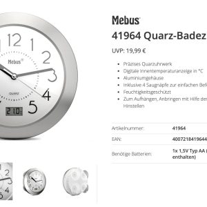 Horloge murale Mebus 41964 à quartz aluminium pour salle de bain / pièce humide