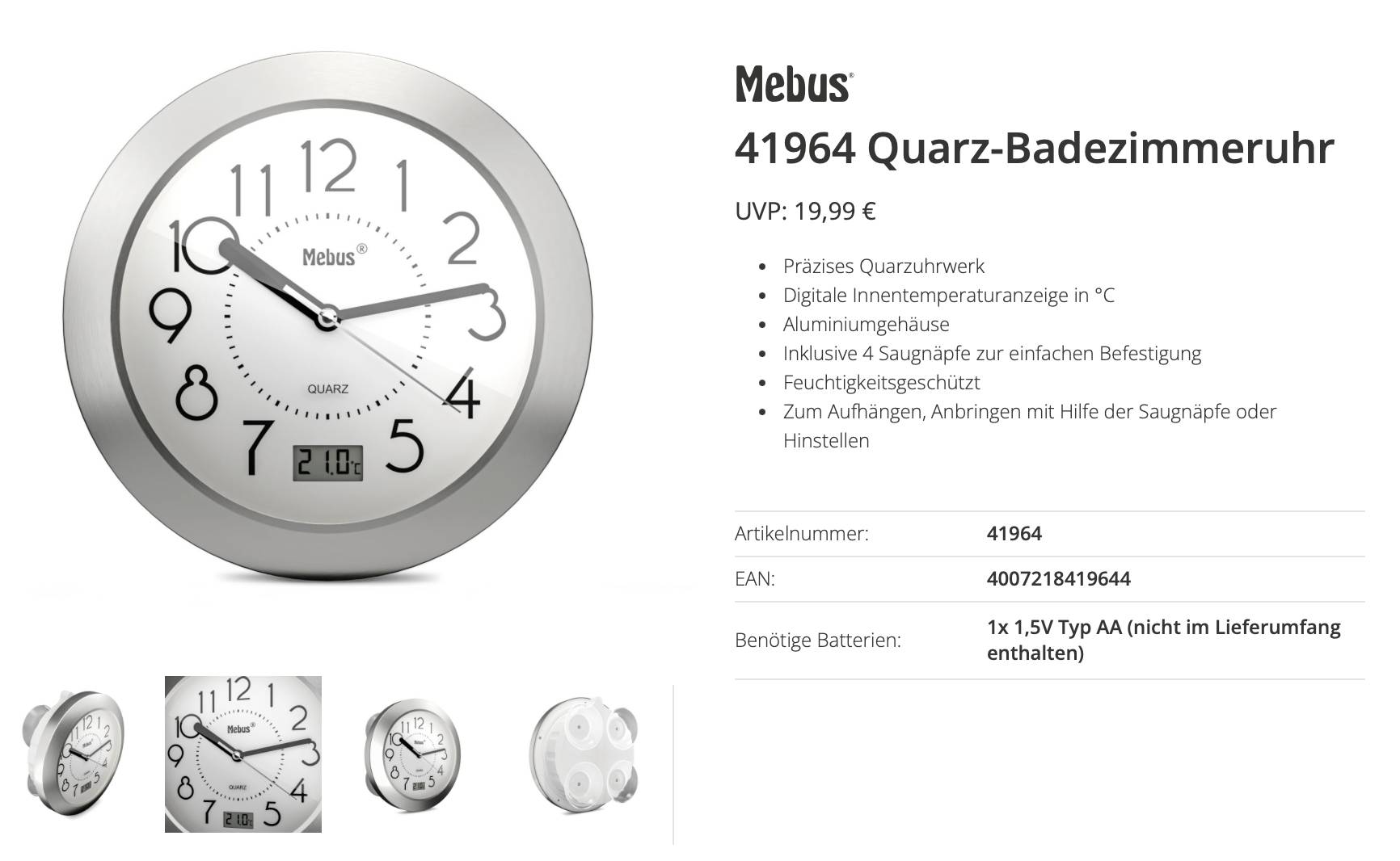 Horloge murale Mebus 41964 à quartz aluminium pour salle de bain / pièce humide