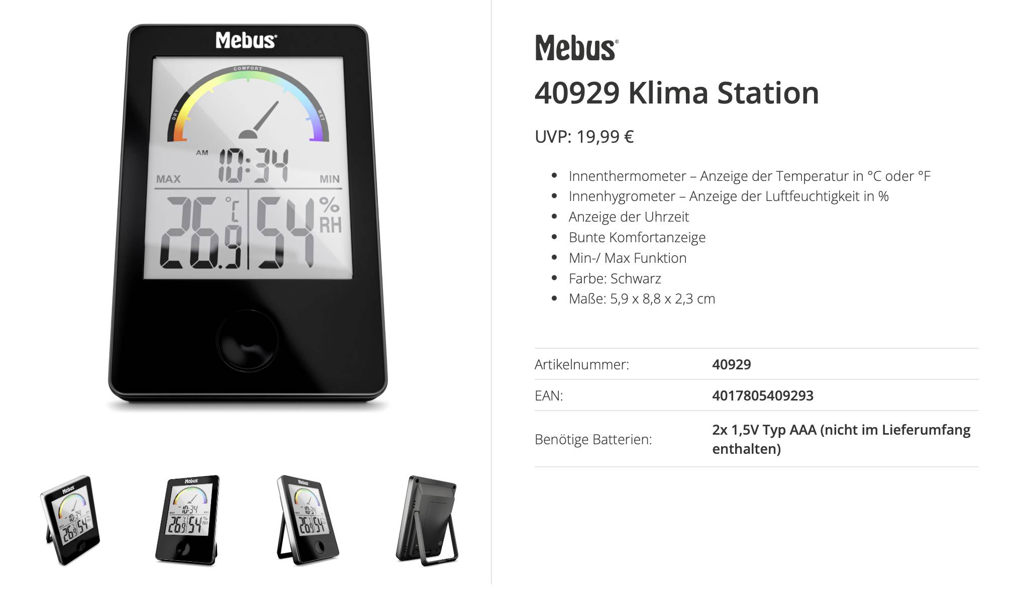 Mebus Thermo-hygromètre noir 40929