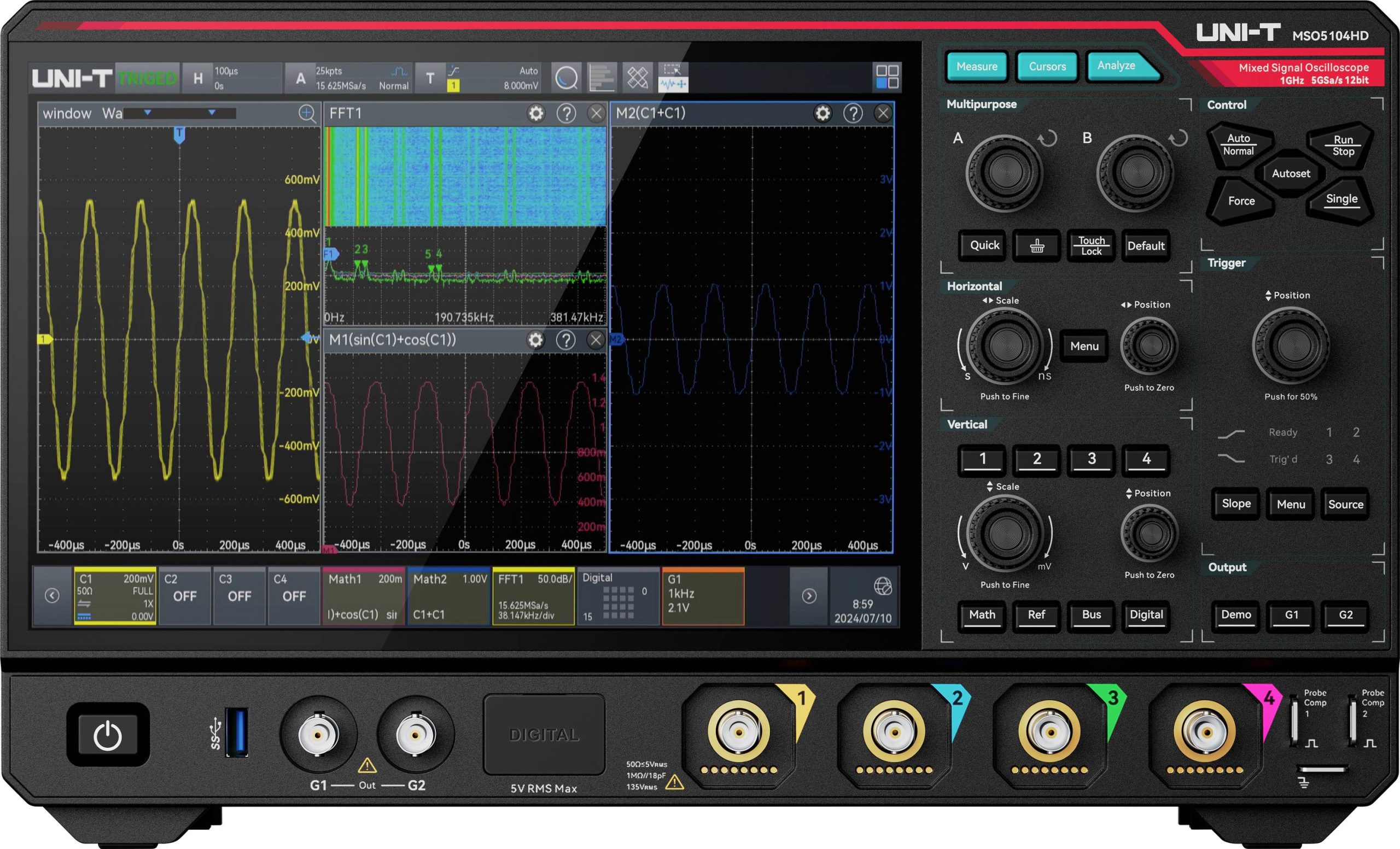Oscilloscope analogique, Oscilloscope numérique Uni-T MSO5104HD 1 GHz 5 Géch/s 500 Mpts 12 bits signal mixte (MSO), anal