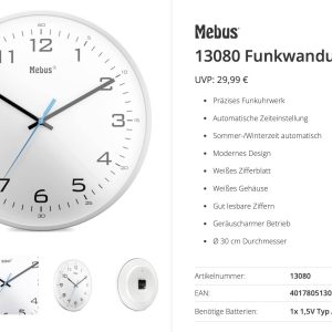 Horloge radiopilotée Mebus 13080 radiopiloté(e) 30 cm blanc mécanisme d&rsquo;horloge silencieux