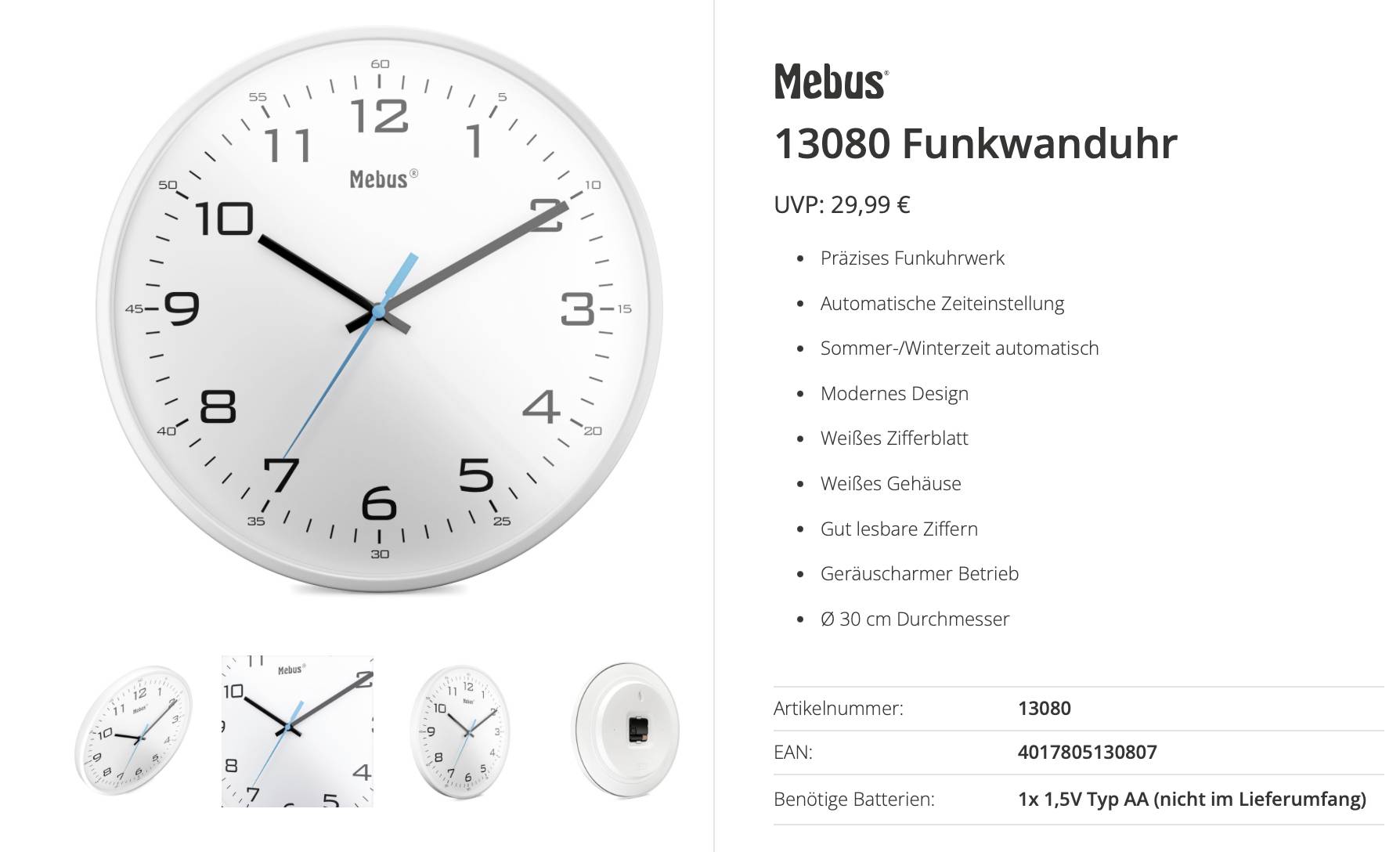 Horloge radiopilotée Mebus 13080 radiopiloté(e) 30 cm blanc mécanisme d'horloge silencieux