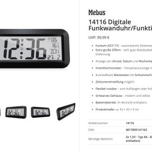 Horloge radiopilotée Mebus 14116 radiopiloté(e) 42 cm x 20 cm x 3 cm noir grand écran