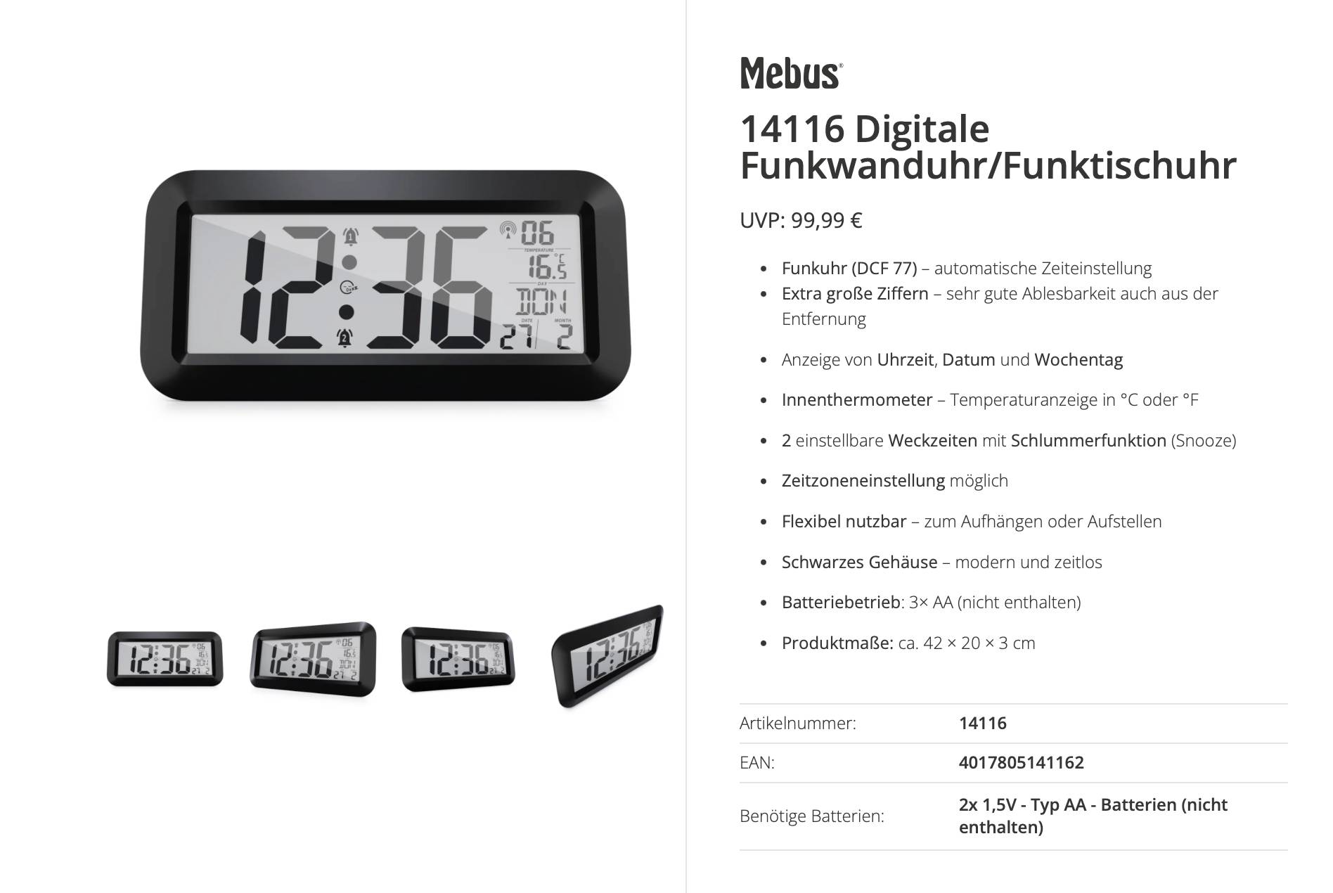 Horloge radiopilotée Mebus 14116 radiopiloté(e) 42 cm x 20 cm x 3 cm noir grand écran