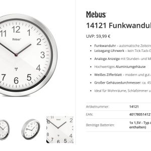 Horloge radiopilotée Mebus 14121 radiopiloté(e) 45 cm aluminium mécanisme d&rsquo;horloge silencieux