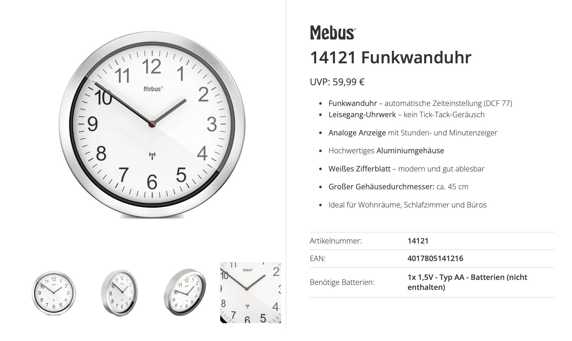 Horloge radiopilotée Mebus 14121 radiopiloté(e) 45 cm aluminium mécanisme d'horloge silencieux