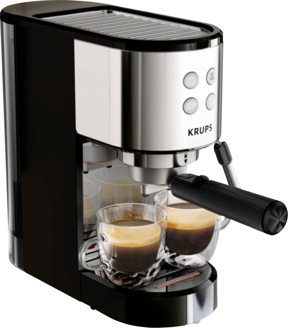 Krups 365680 Machine à expresso noir, acier inoxydable avec embout de mousseur à lait, avec fonction chauffe-tasse