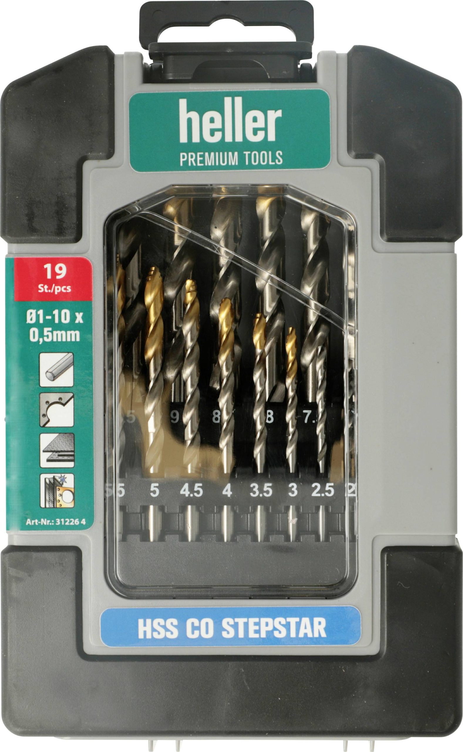 Heller 312264 HSS-Co Stepstar 19 tlg. HSS-Co Jeu de forets pour le métal DIN 338 manche conique 1 set