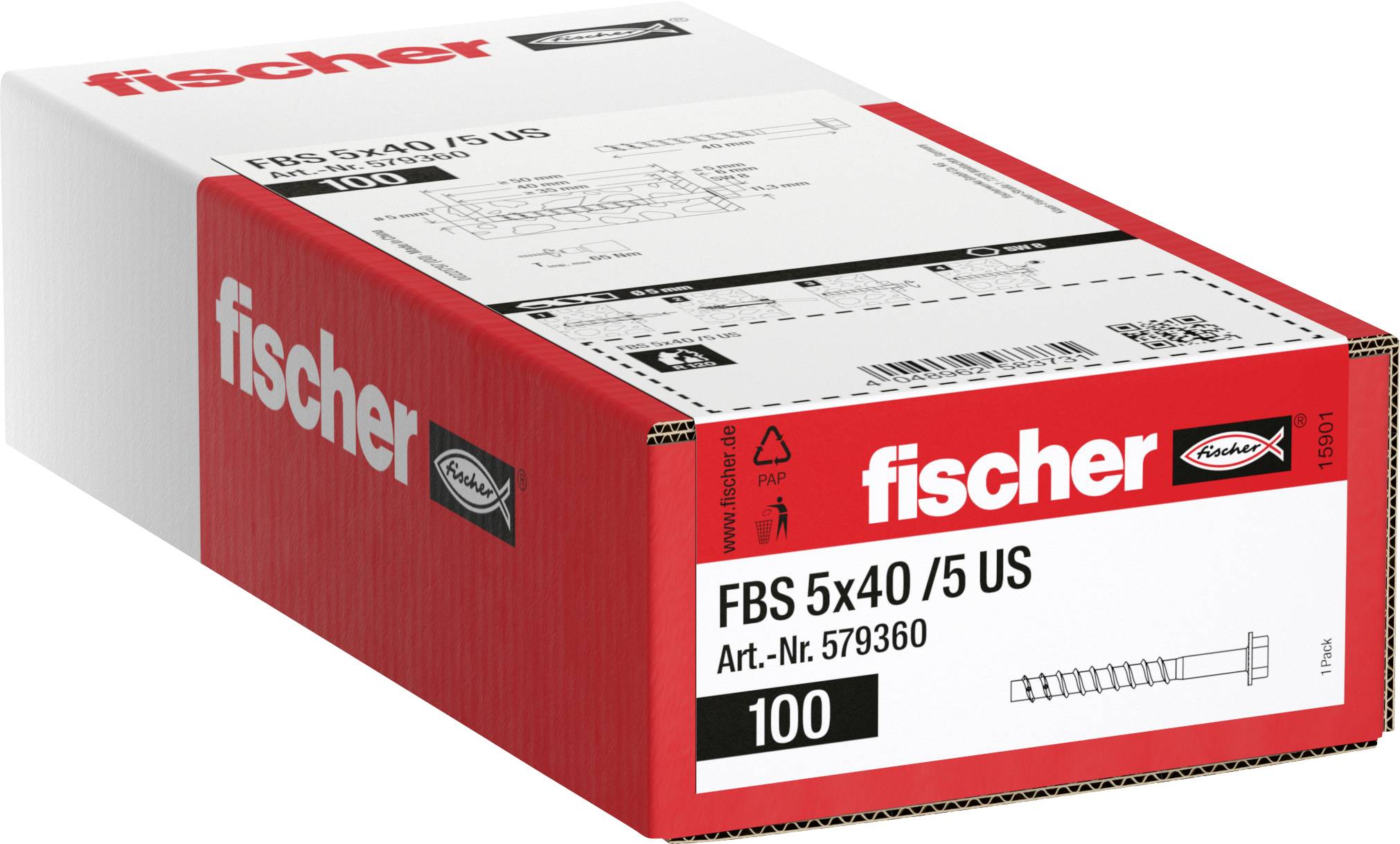 Fischer 579360 Vis à béton 40 mm 6 pans extérieurs étamé par galvanisation 100 pc(s)