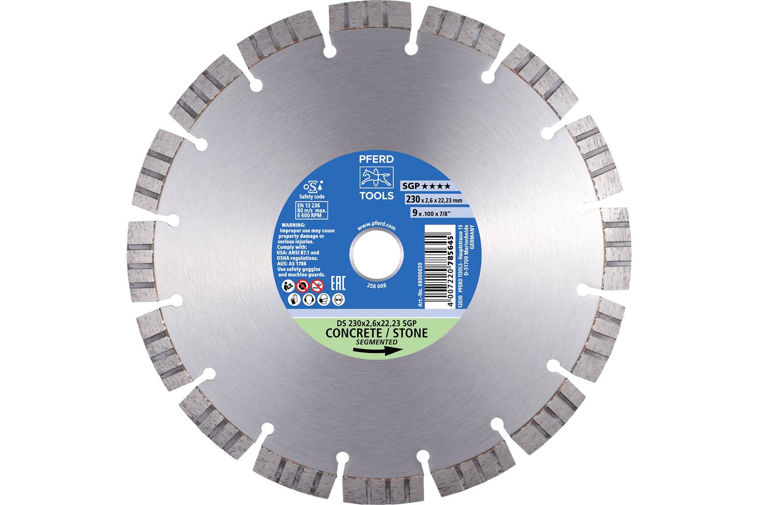 PFERD TOOLS 68000039 DS 230 x 2,4 x 22,23 SGP Disque à tronçonner diamanté Diamètre 230 mm Ø de perçage 22.23 mm Tuile,