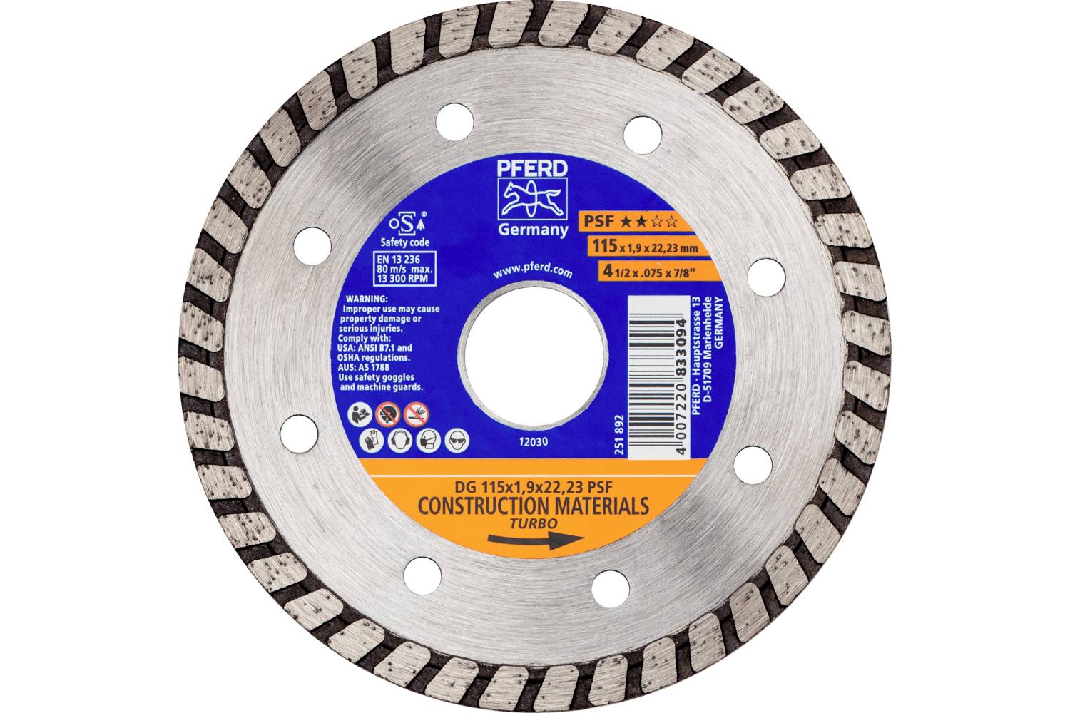 PFERD TOOLS 68300042 DG 115x1,9x22,23 START Disque à tronçonner diamanté Diamètre 115 mm Ø de perçage 22.23 mm Tuile, Bé