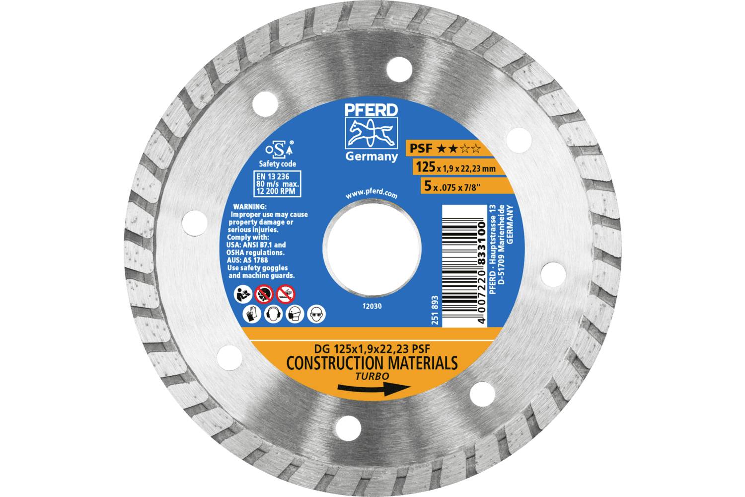 PFERD TOOLS 68300043 DG 125x1,9x22,23 START Disque à tronçonner diamanté Diamètre 125 mm Ø de perçage 22.23 mm Tuile, Bé