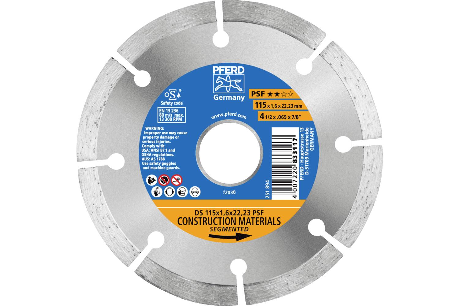 PFERD TOOLS 68300044 DS 115x1,6x22,23 START Disque à tronçonner diamanté Diamètre 115 mm Ø de perçage 22.23 mm Tuile, Bé