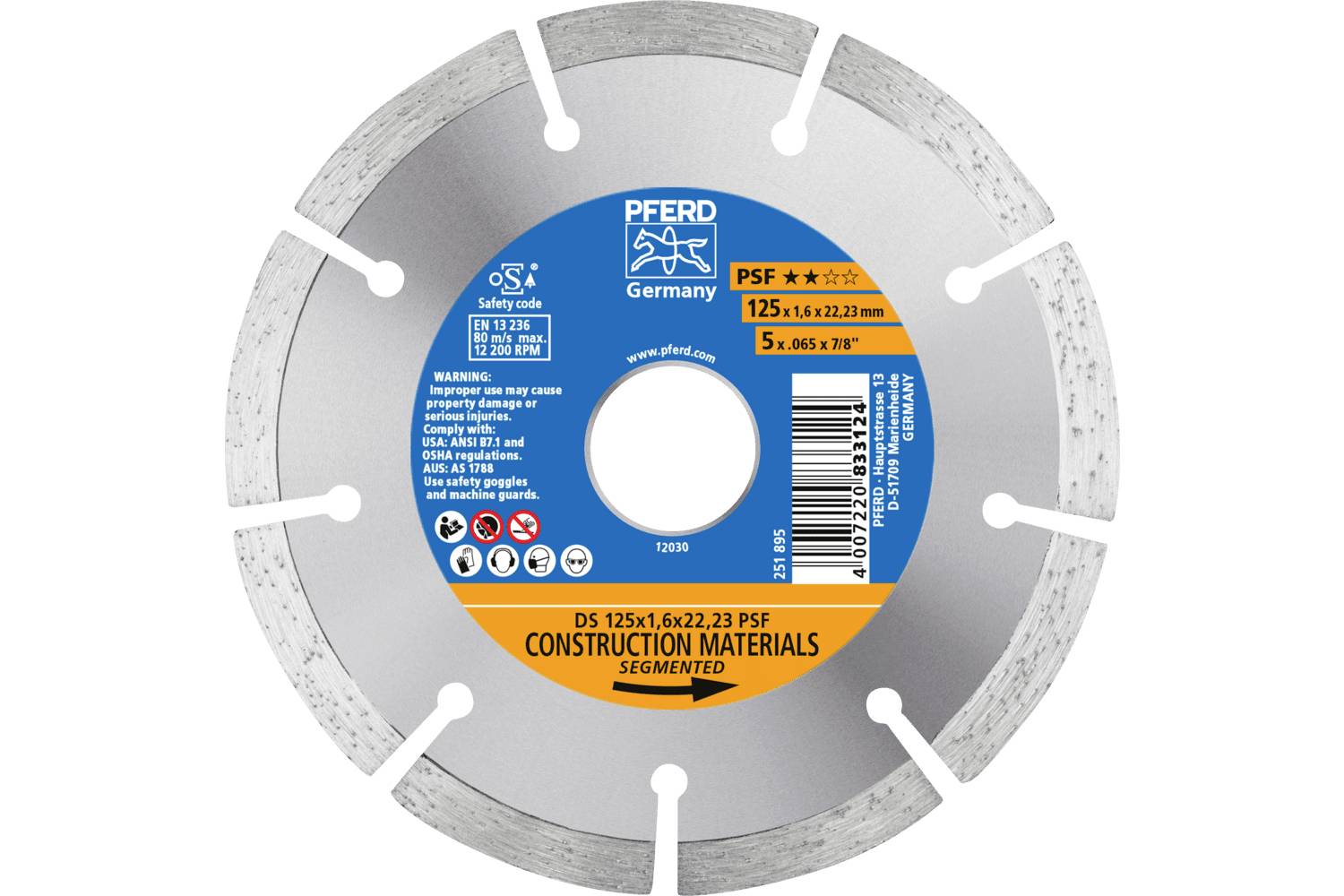 PFERD TOOLS 68300045 DS 125x1,6x22,23 START Disque à tronçonner diamanté Diamètre 125 mm Ø de perçage 22.23 mm Tuile, Bé