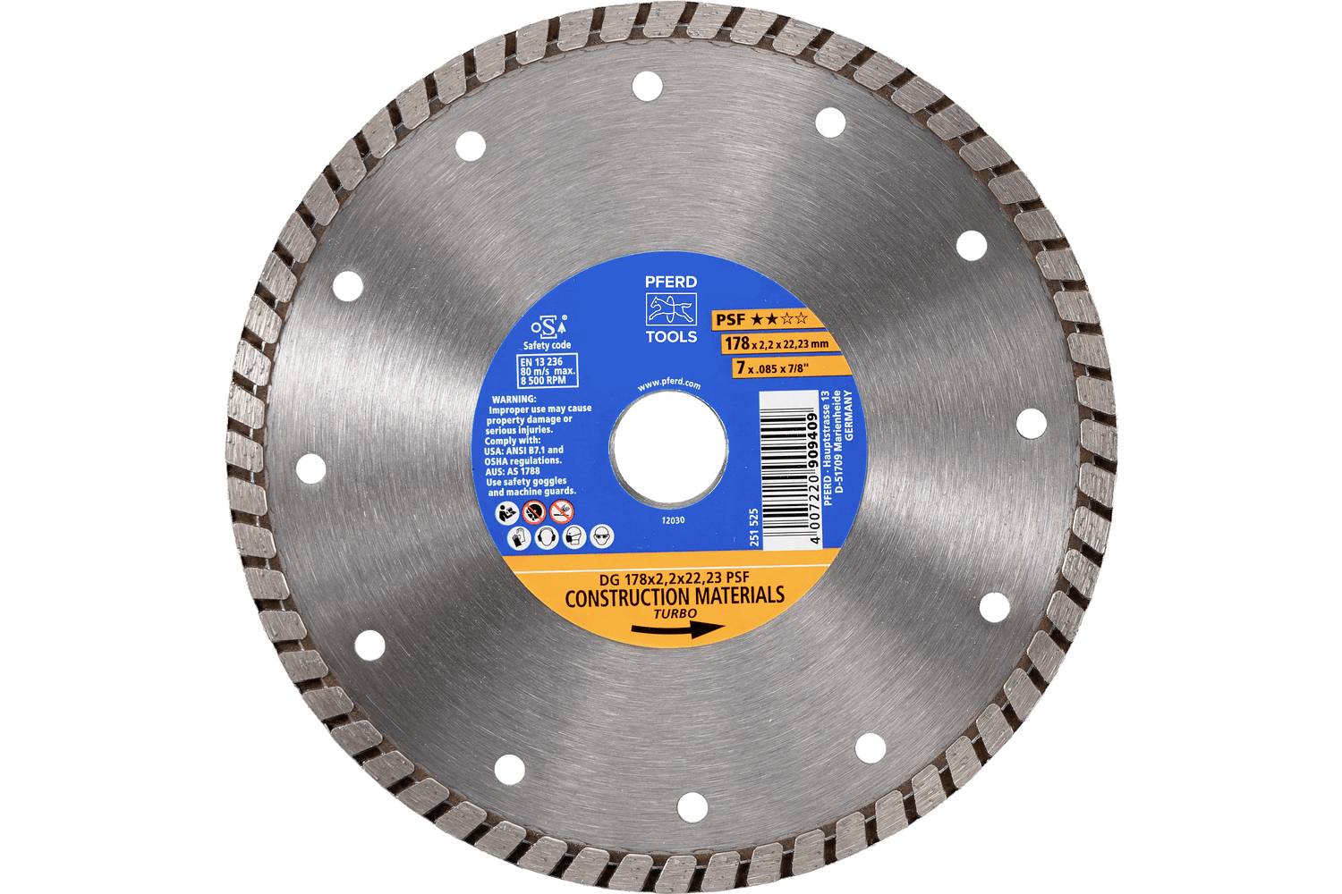 PFERD TOOLS 68300048 DG 178 x 2,2 x 22,23 START Disque à tronçonner diamanté Diamètre 178 mm Ø de perçage 22.23 mm Tuile