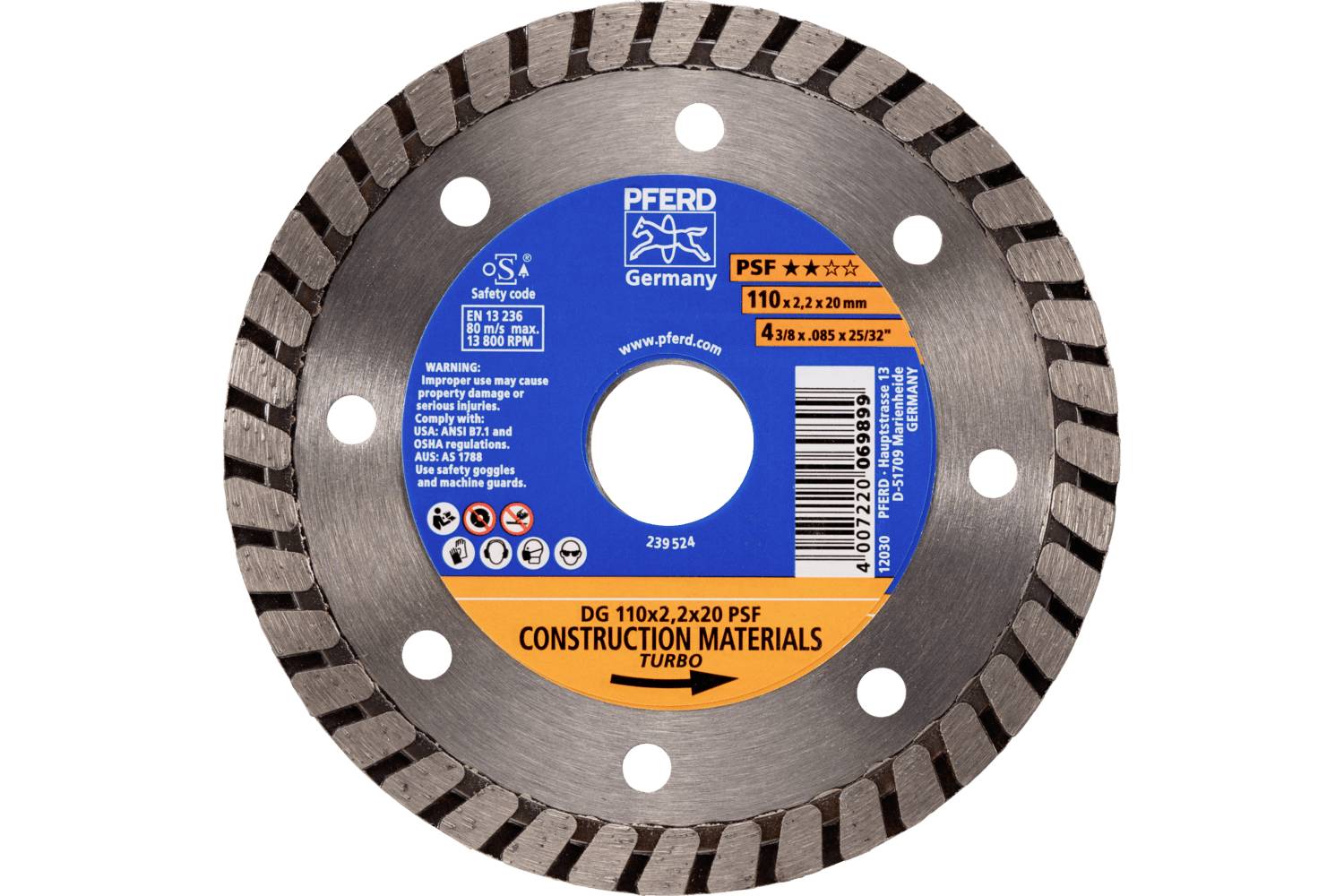 PFERD TOOLS 68300056 DG 110X2,2X20 START Disque à tronçonner diamanté Diamètre 110 mm Ø de perçage 20 mm Tuile, Béton ar